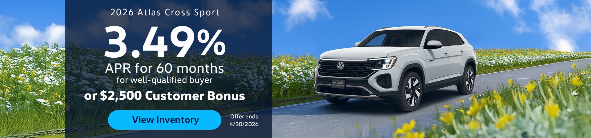 2026 Atlas Cross Sport 3.49% APR for 60 months OR $2,500 Cus
