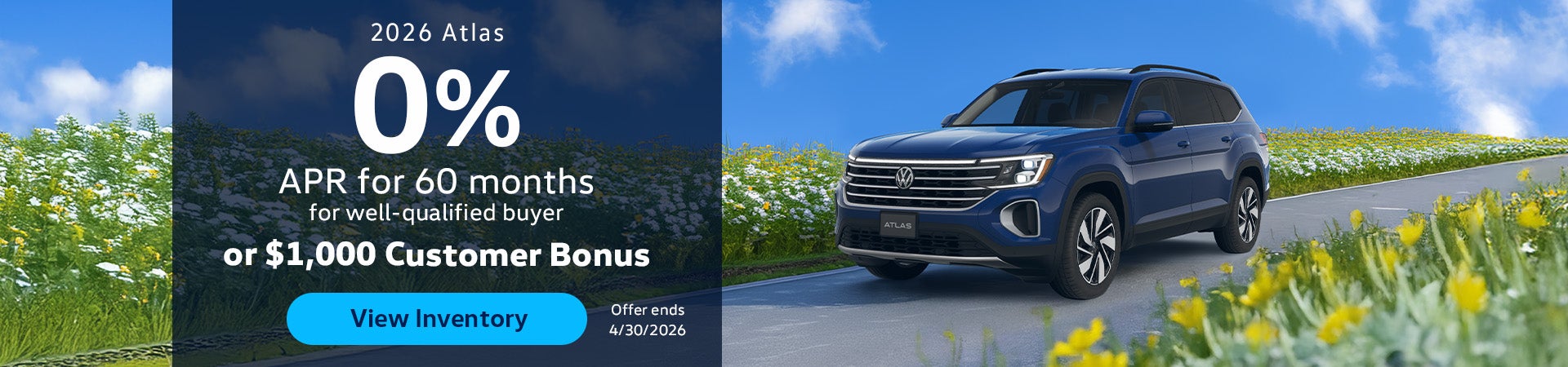 2026 Atlas 0% APR for 60 months OR $1,000 Custome